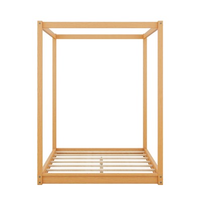 Pine Wood Full Size Canopy Platform Bed Frame with Support Legs Natural Color