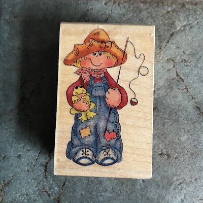 Stamp Affair Wood Mounted Rubber Stamp Cartoon Boy Fishing With His Frog J1091 