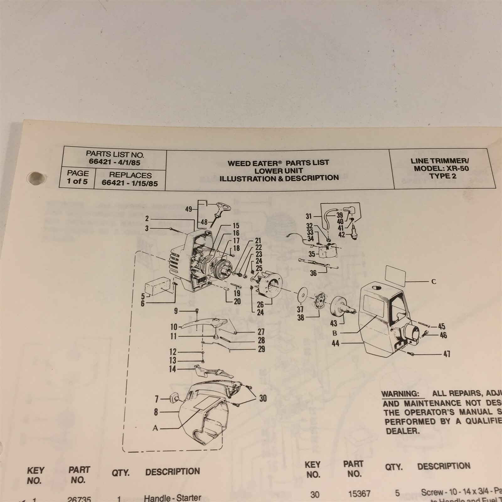 1985 Weed Eater Model XR-50 Type 2 Line Trimmer Parts List