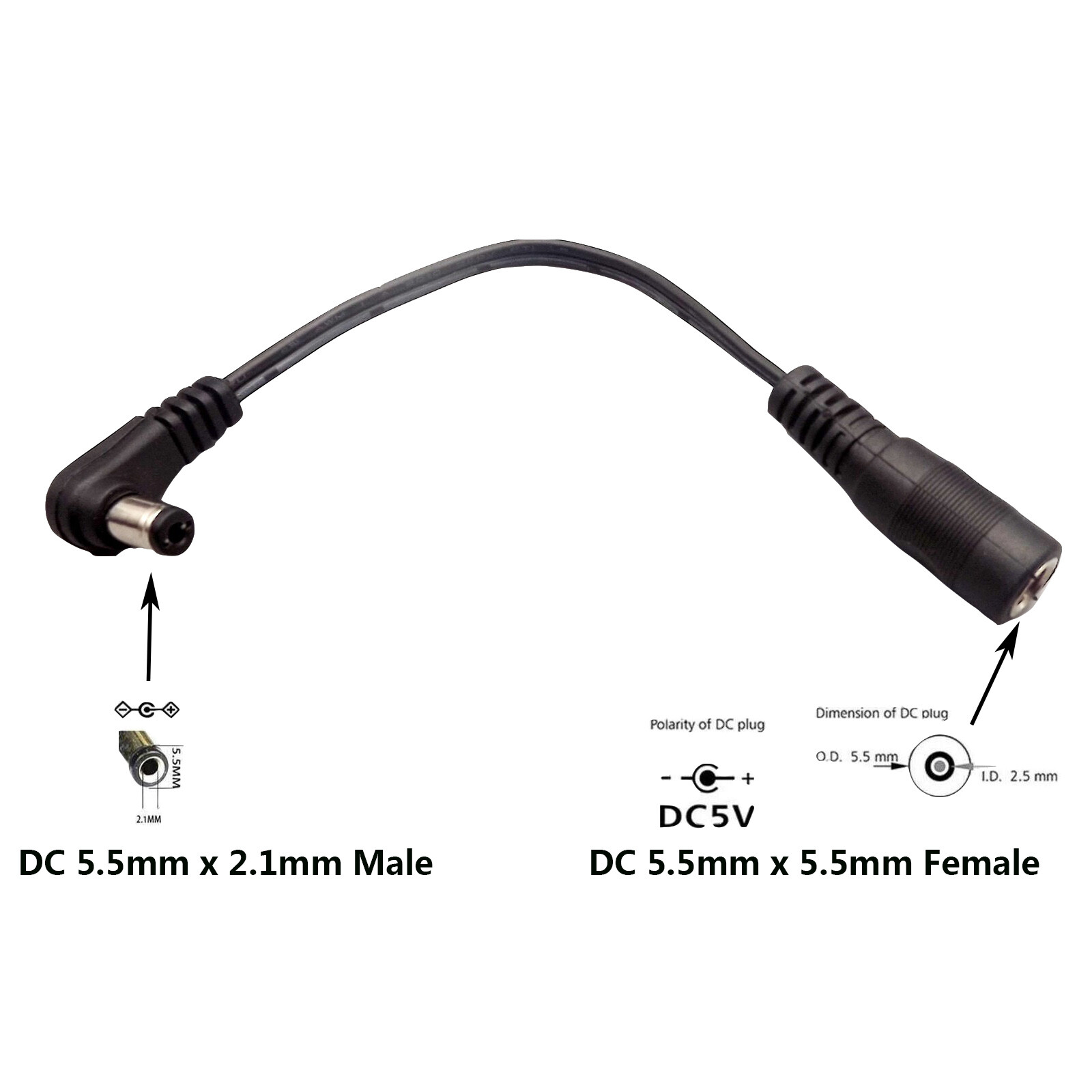 1x DC Power 5.5mm x 2.1mm Male Right Angle To 5.5mm x 2.5mm Female Adapter Cable