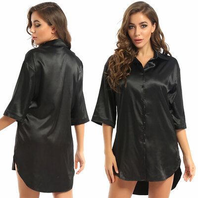 US Womens Satin Sleep Shirt Nightshirts Silky Button Down Blouse Loose Nightgown