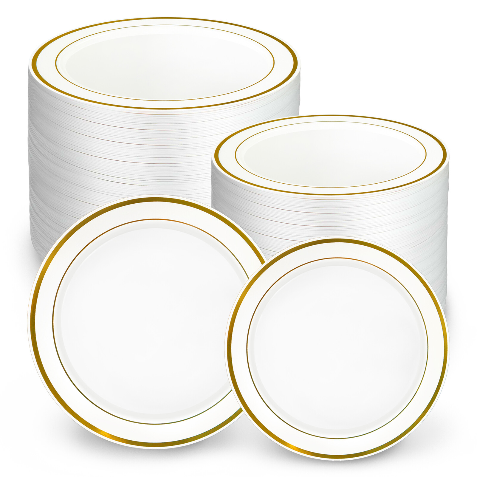 Disposable Plastic Plates White Gold Rim 7.5"/10.25" Heavy Duty Dinner Plates