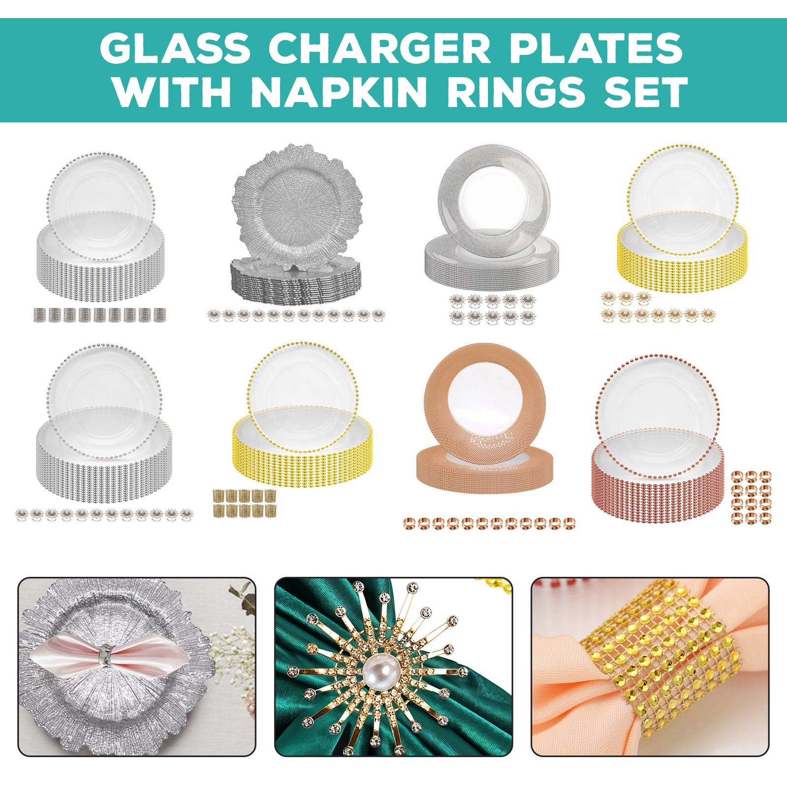 Assiettes Chargeurs En Verre Avec Anneaux De Serviette Pour Dîner De Noël 33cm