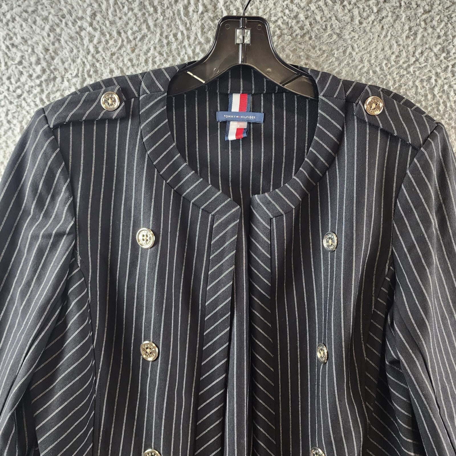 Tommy Hilfiger Striped Band-Collar Jacket Womens 14 Black Open Front Band Collar - Picture 4 of 14