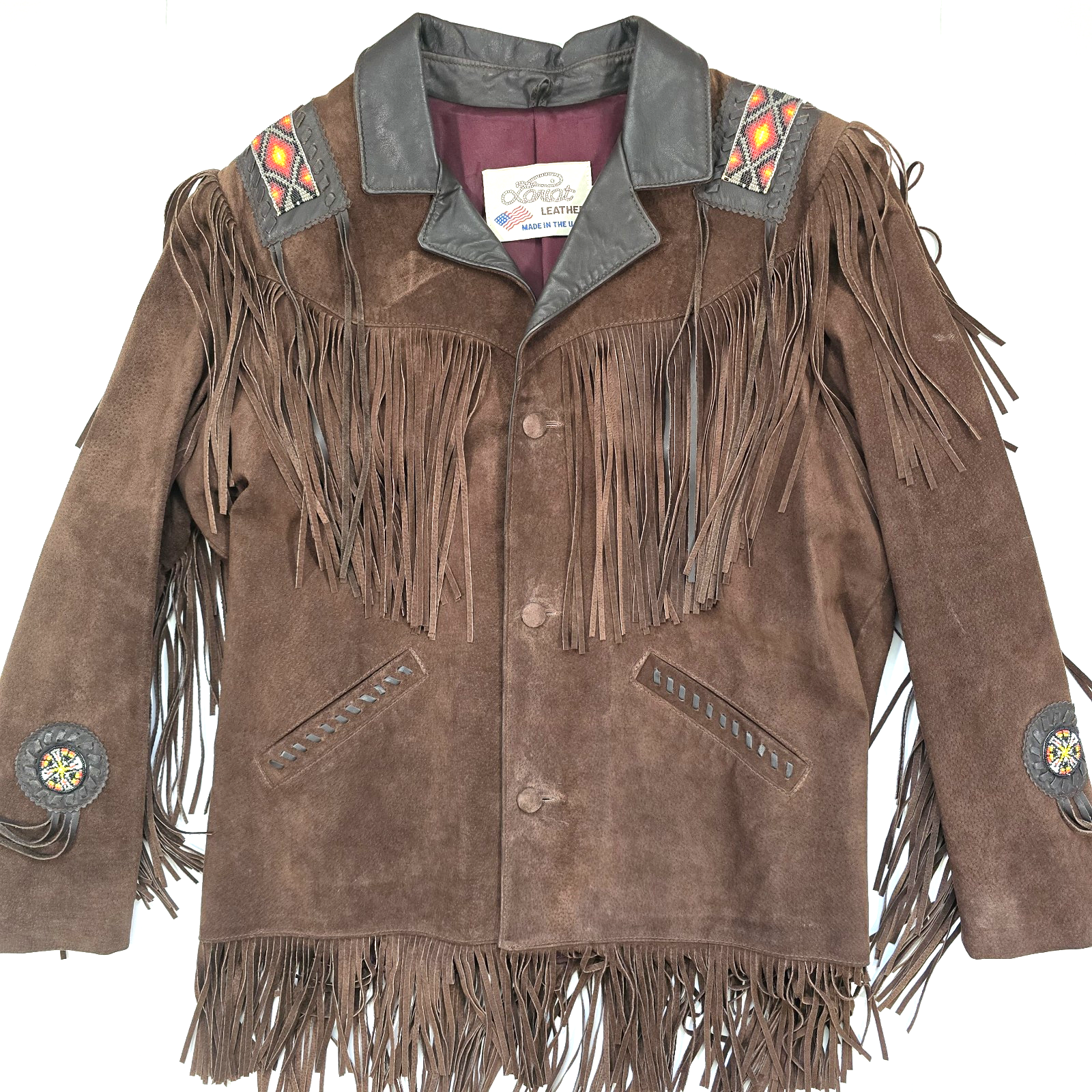 VINTAGE LARIAT LEATHER SUEDE FRINGE JACKET L BEADED SOUTHWESTERN