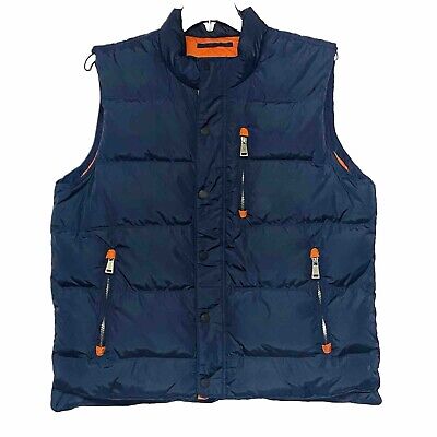 Orvis Duck Down Puffer Vest Full Zip & Snap Navy Blue & Orange Men's Large