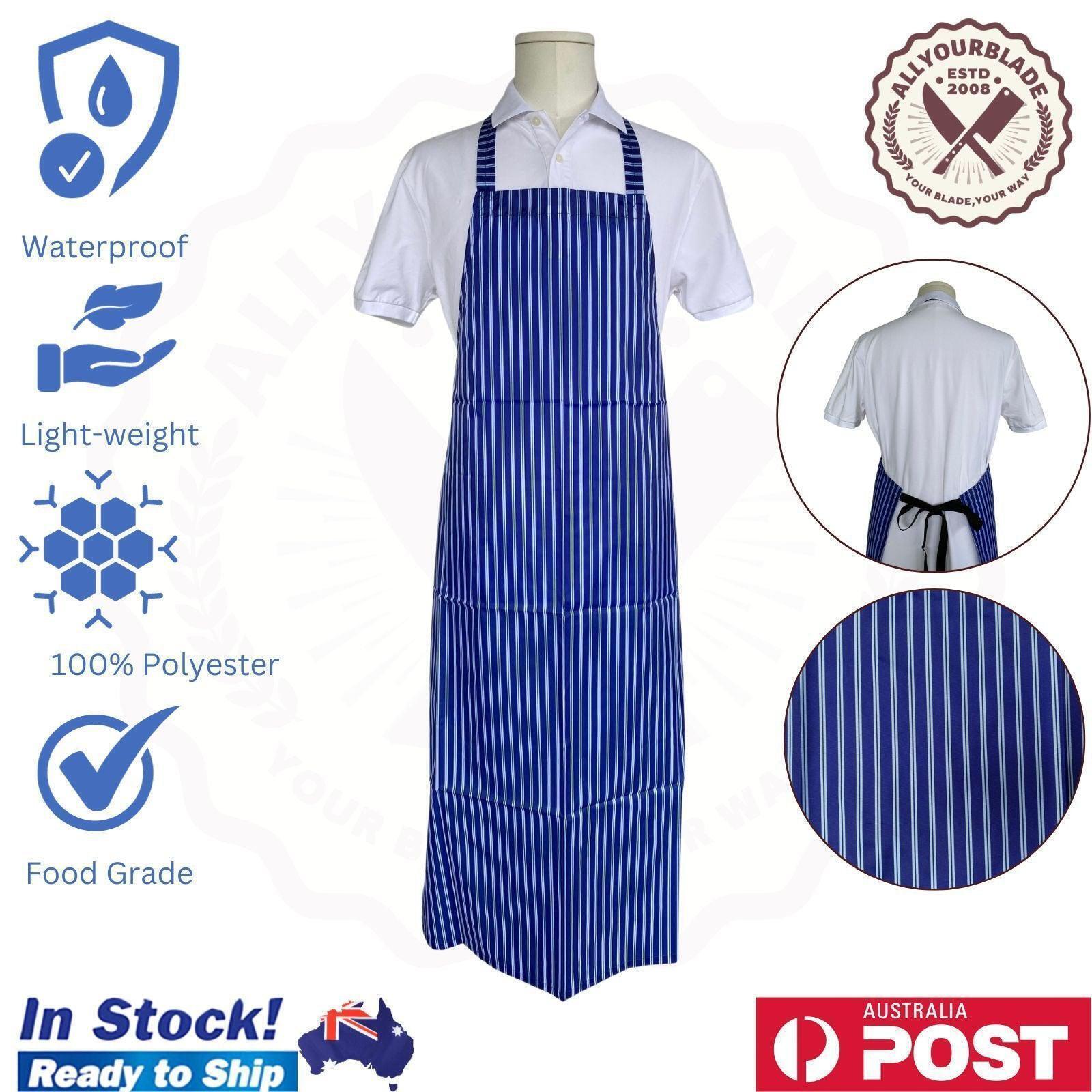 New Butcher Stripe Aprons Bib Waterproof Apron Oil Proof Nylon Cleaning - Blue W