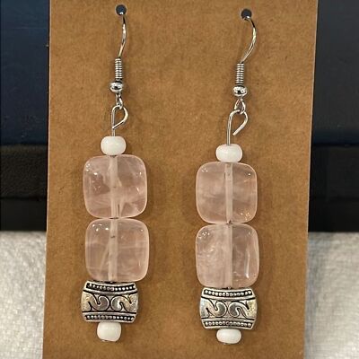 Rose quartz natural semi precious stone square flat beads silver tone