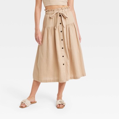 Universal Thread Beige Tan Linen Blend Pullon Buttoned Tiered Midi Skirt Medium
