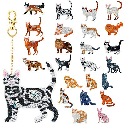 24 Pcs Diamond Painting Keychains Cat Diamond Art Key Chains DIY 5D Double Si...