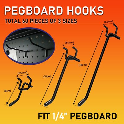 60 PCS Black Pegboard Hooks 2/4/6 Inch Heavy Duty Pegboard Display Hooks