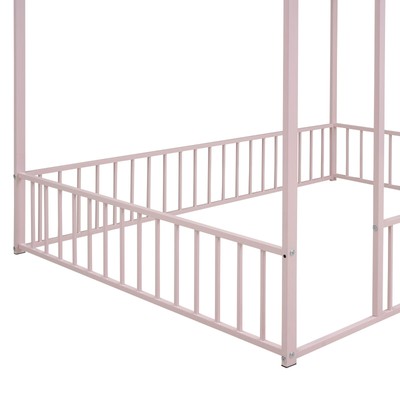 Full Size Metal House Bed Frame with Fence for Kids, Teens - Pink
