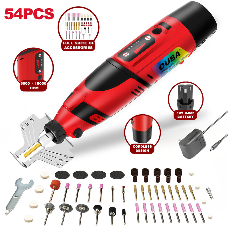 Cordless Chainsaw Sharpener Kit, 12V Battery, 54 PCS Rotary Tool