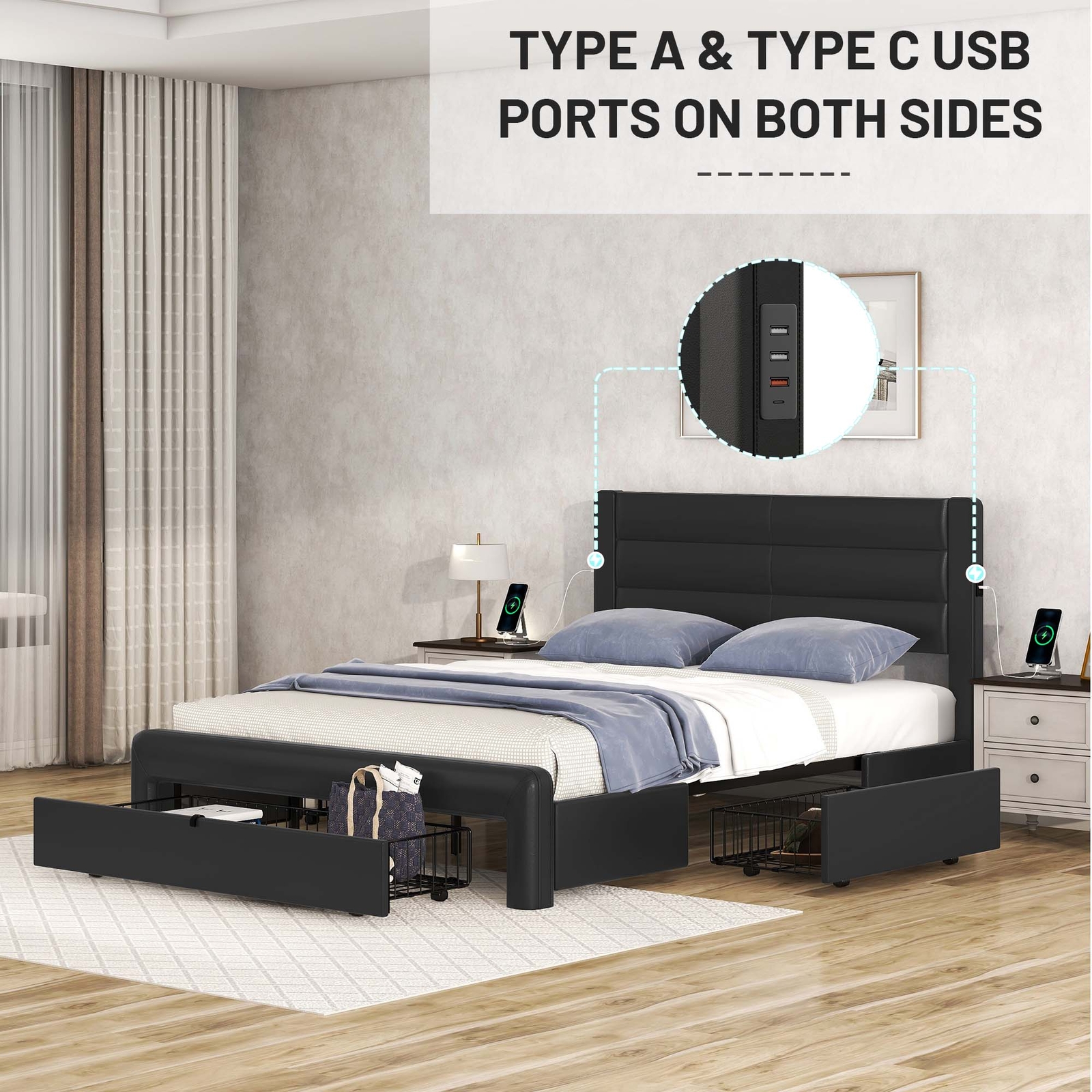 With Drawers Storage Leather Upholstered Platform Bed