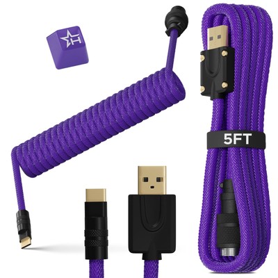 USB-C Coiled Aviator Cable for Gaming Mechanical Keyboards | Double-Sleeved C...