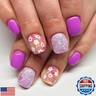 Short Press on Nails Square Fake Nails Purple Nails Press ons Glitter Glue on Nails Spring Acrylic Nails Nude False Nails with Colorful Flower designs Daily Wear Simple Stick on Nails for Women 24Pcs