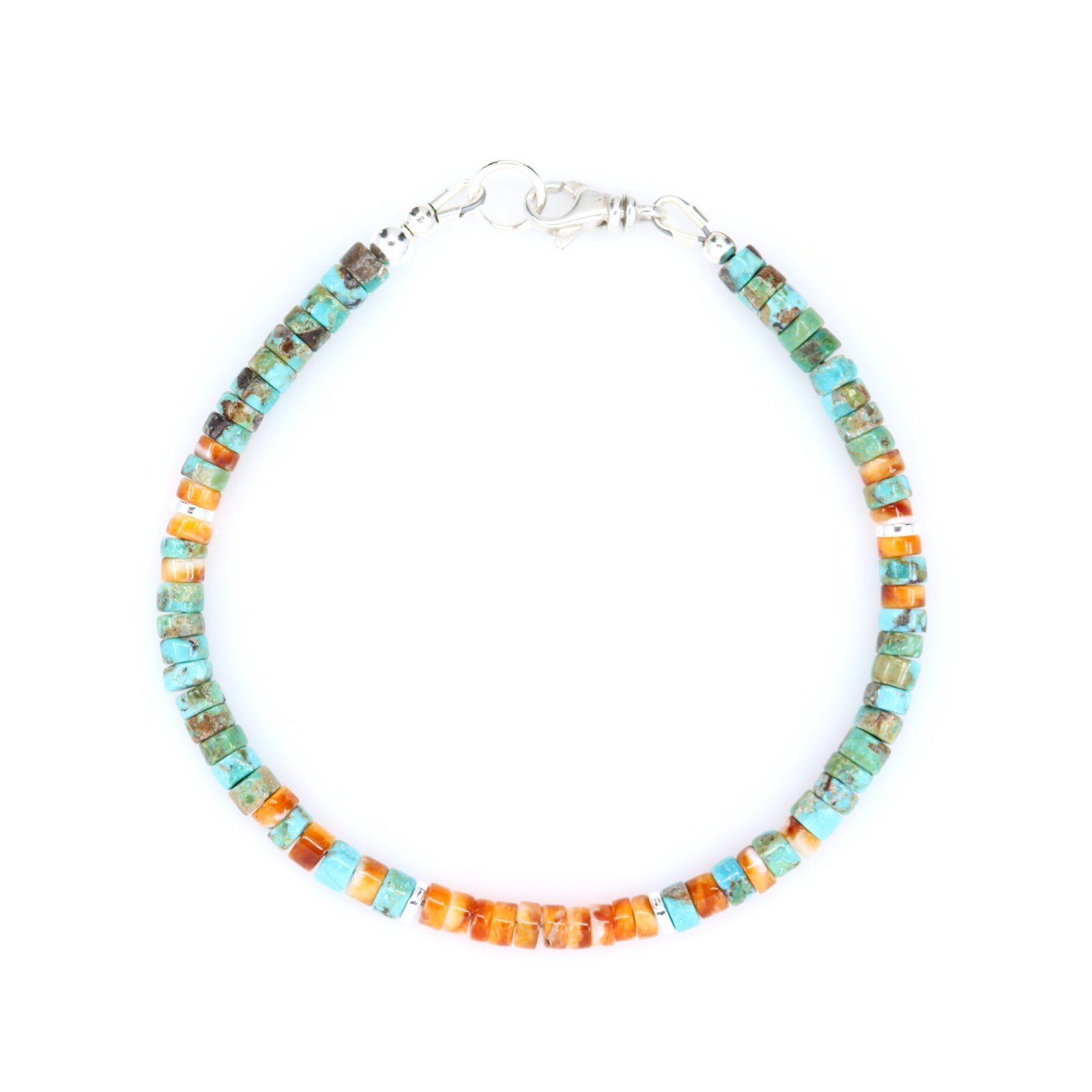 Blue Arizona Turquoise & Orange Spiny Oyster Heishi 4mm Sunset Gemstone Bracelet