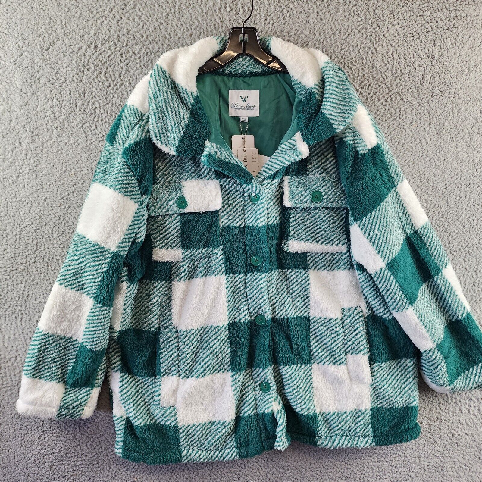 White Mark Plaid Shacket Women's 2XL Green/White Full Front Button Closure L/S - Picture 2 of 15
