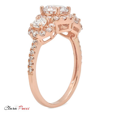 Pre-owned Pucci 1.75 Round Halo 3 Stone Moissanite Classic Bridal Statement Ring 14k Rose Gold In White/colorless