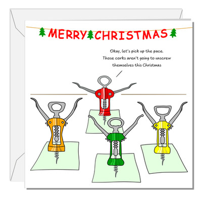 Funny Yoga Christmas Card Holiday Wine Workout Pilates Corkscrews Dad Mum Parent