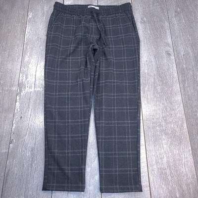 Zara Plaid Trousers Mens Size XL Grey Drawstring Elastic Waist Tapered Pants