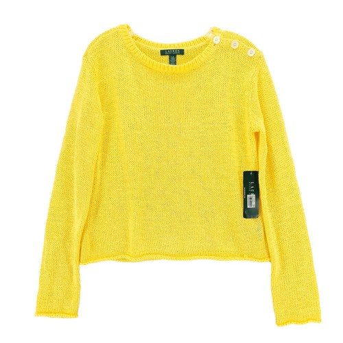 NWT Lauren Ralph Lauren Yellow Pullover Sweater Button Detail Chunky Open Knit L