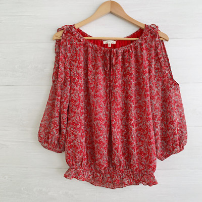 Max Studio - Red floral chiffon peplum cold shoulder 3/4 sleeve top, M