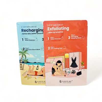 DUO Naisture Exfoliating Recharging 3 Step Skin Care Kit Face Sheet Mask AHA