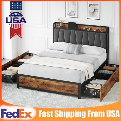 Full Queen Size Bed Frame with 4 Storage Drawers Upholstered Headboard Platform