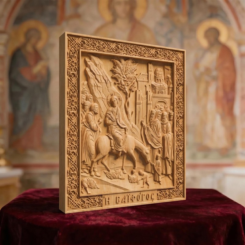 Jesus Christ Triumphal Entry Wood Carved Handmade Byzantine Greek Christian Icon