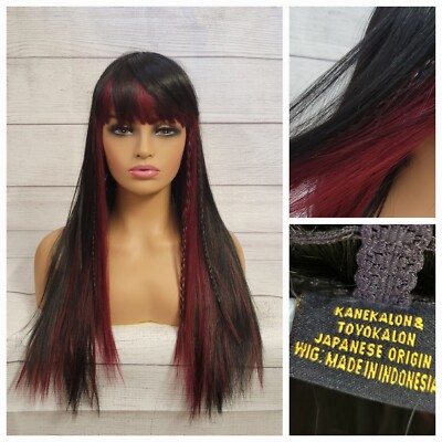 LONG BOB TWOTON STRAIGHT WIG BLACK & WINE SIDE BRAIDS - KANEKALON & TOKYOKALON
