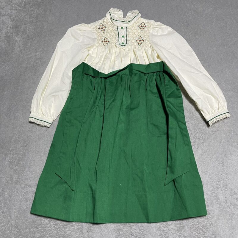 Vintage Polly Flinders Dress Girls 8 Green Ivory Hand Smocked Cottagecore
