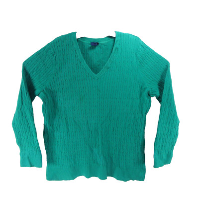 Basic Editions Women Green 1X Cable Knit Long Sleeve Pullover Sweater