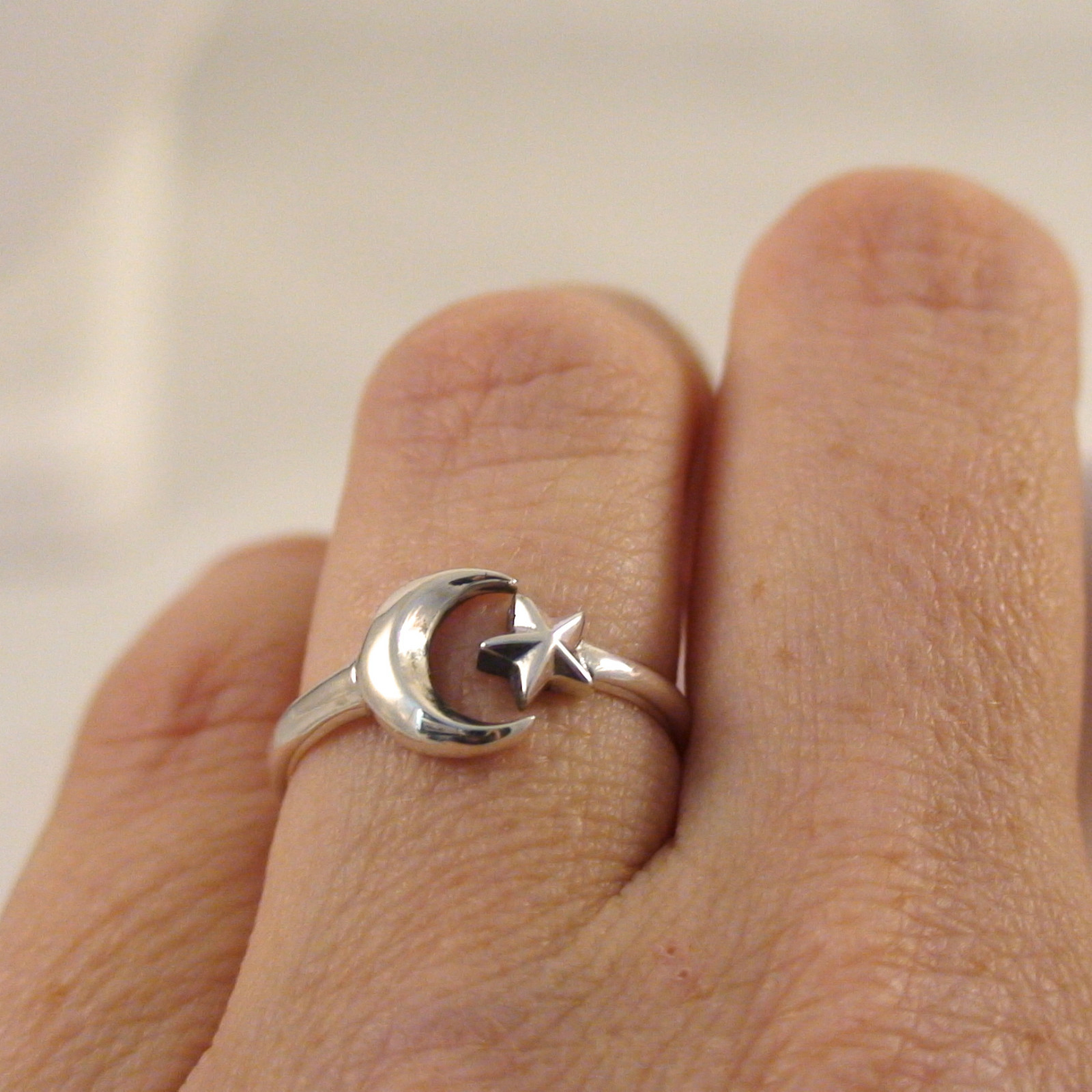 Adjustable Crescent Moon and Star Ring - 925 Sterling Silver