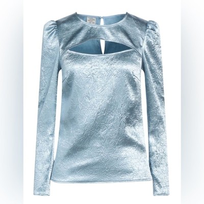 BAUM UND PFERDGARTEN Marcy Cutout Satin Blue Long Sleeve Blouse Top