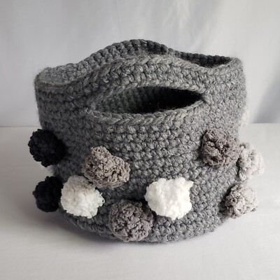 USA Crocheted 6'' Soft Pom Basket Tote Gray 'Thunder' Unique Original Handmade