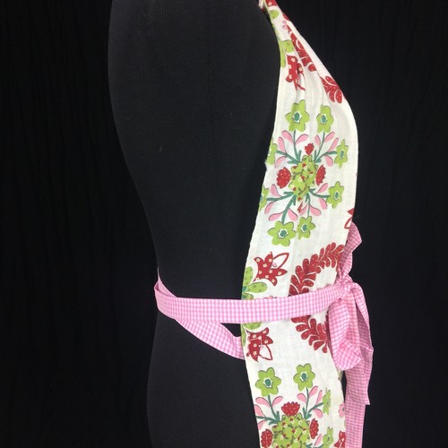 Vtg Handmade PeekaBoo Apron Red Green Floral Linen Dish Towel Gingham Ribbon