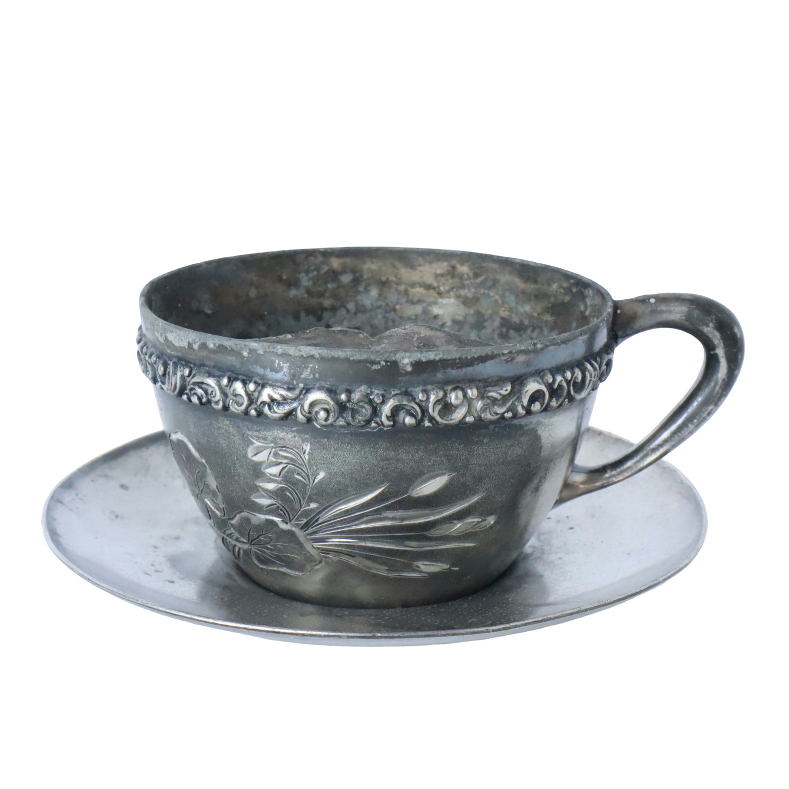 Antique Van Bergh Quadruple Silver Plate Mustache Cup Saucer Floral Repousse