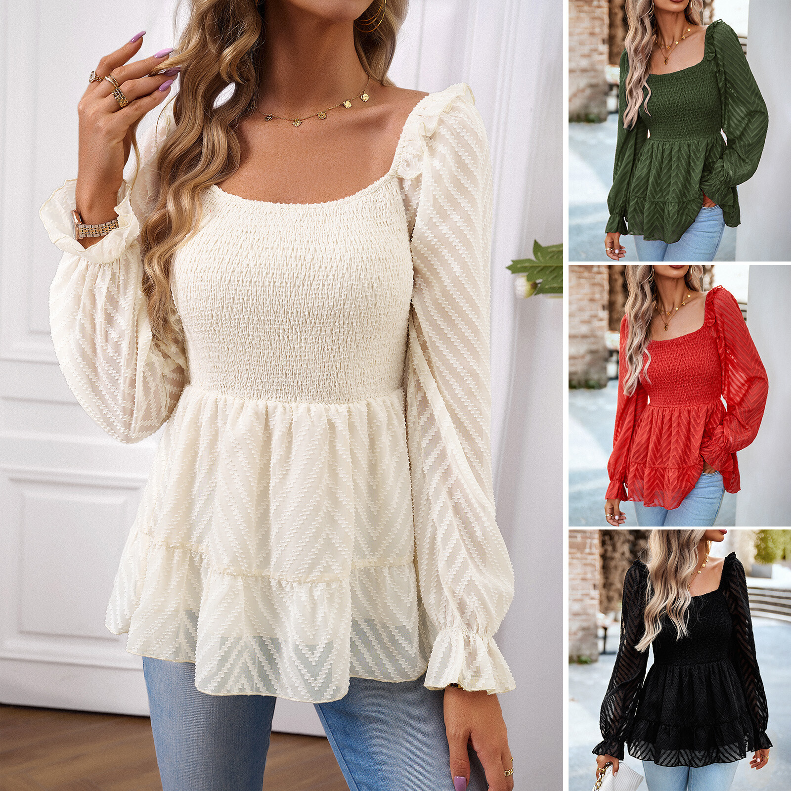Women Chiffon Ruffle Blouse Top Smocked Shirred Square Neck Long Puff Sleeve