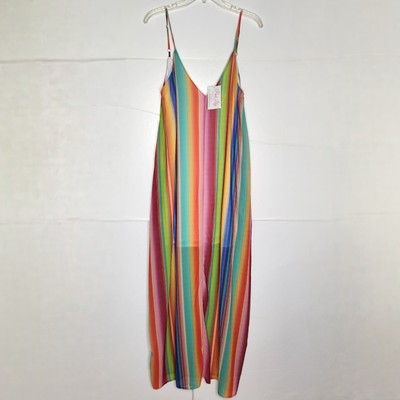 NWT Fantastic Fawn Maxi Dress Size Medium Rainbow Stripe Pockets Sleeveless USA