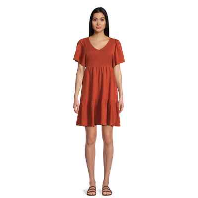 Time and Tru Women's Short Sleeve Knit Smocked Mini Dress - Orange Brick, L