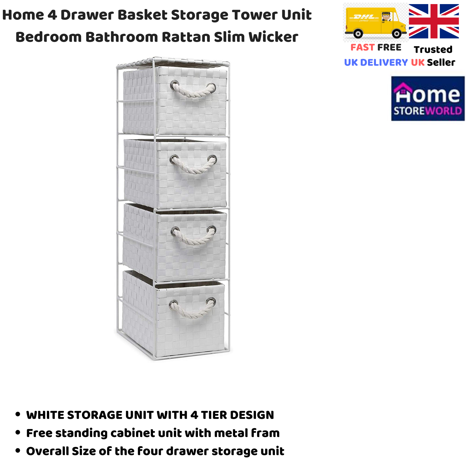 Large White 4 Basket Chest Home Storage Unit Bathroom Wicker