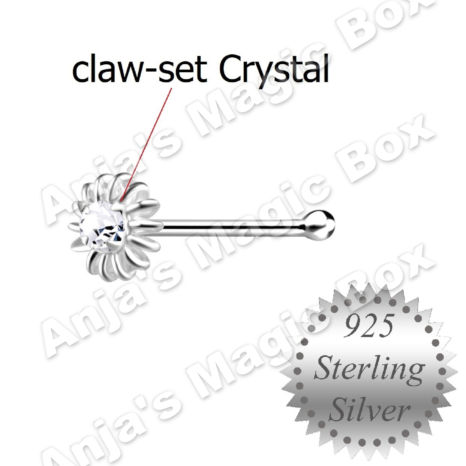 Claw-Set Crystal * Clear Colour Flower Nose Stud * short Pin 925 Sterling Silver