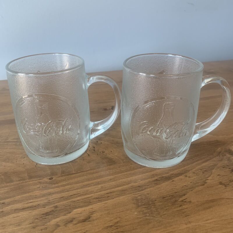 2 Frosted Clear Glass Coca-Cola Embossed Mugs ~ 12 Ounces