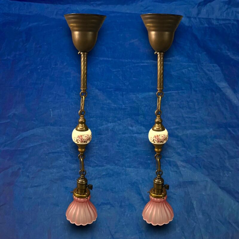 Wired Pair Brass Pendant Light Fixtures Rare Shades Decorative Chain 15i