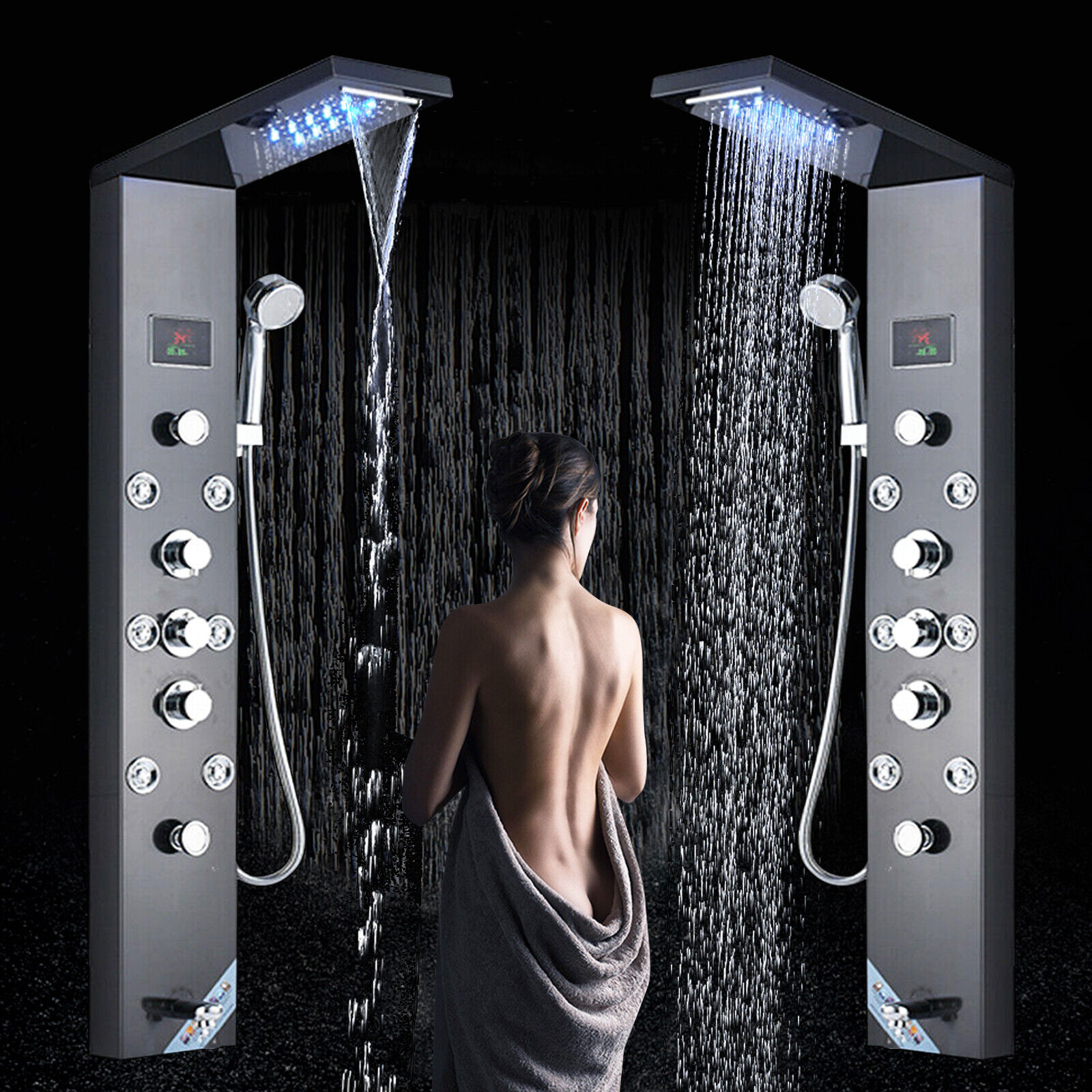 Led duschpaneel schwarz Duschsäule Edelstahl Wasserfall Regendusche Massage set