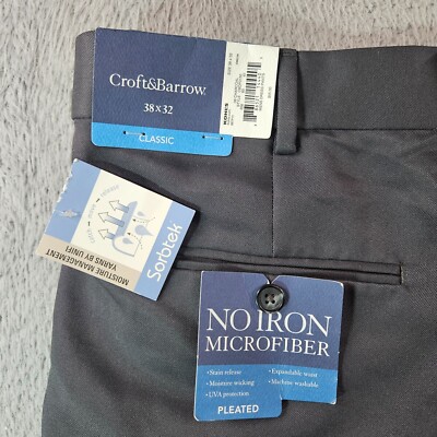 $55 Croft & Barrow Dress Pants Men 38 x 32 Classic Pleated Gray Sorbtek