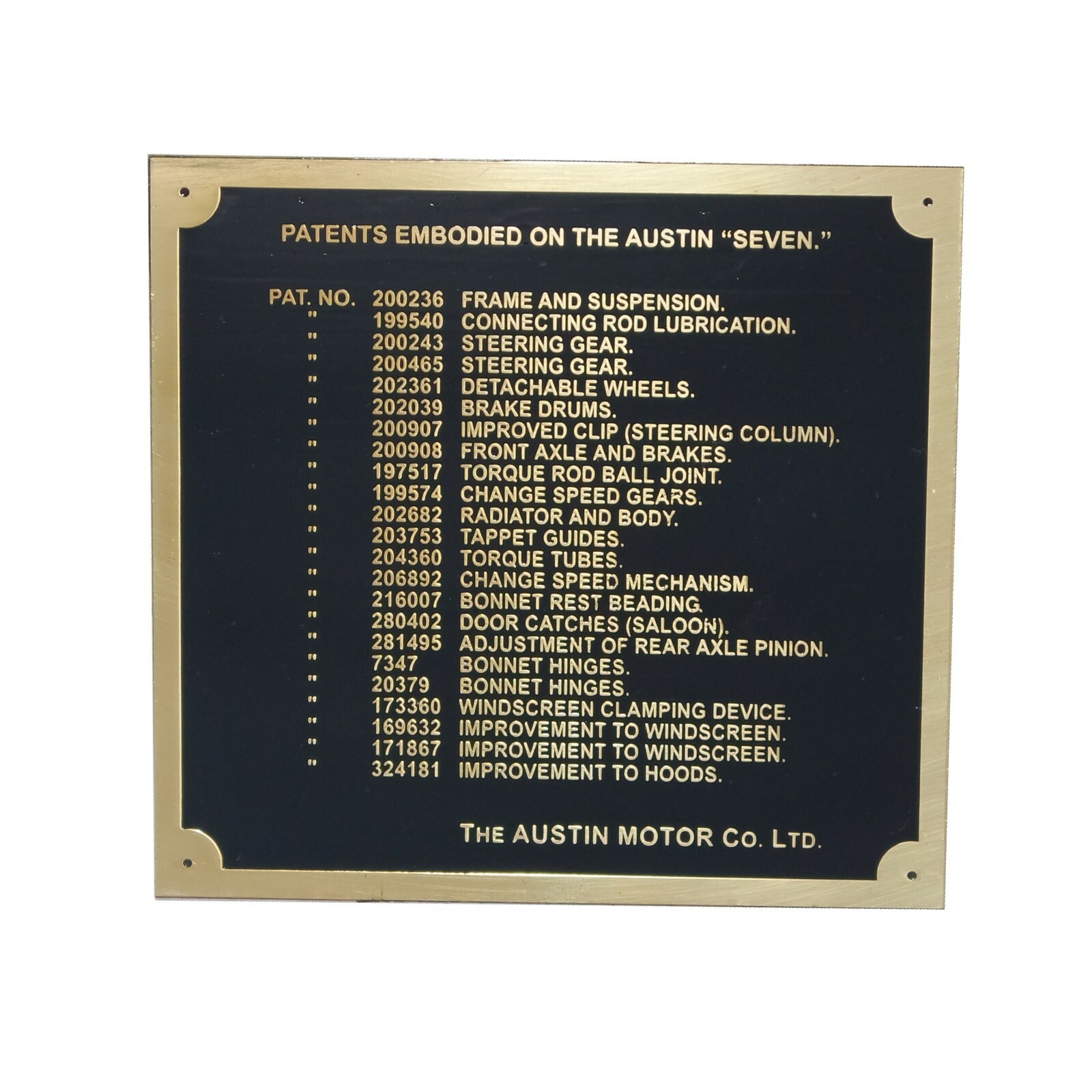 Austin 7 Seven Ruby Car Dashboard Patents Plate Badge Brass Plate 1937-39  