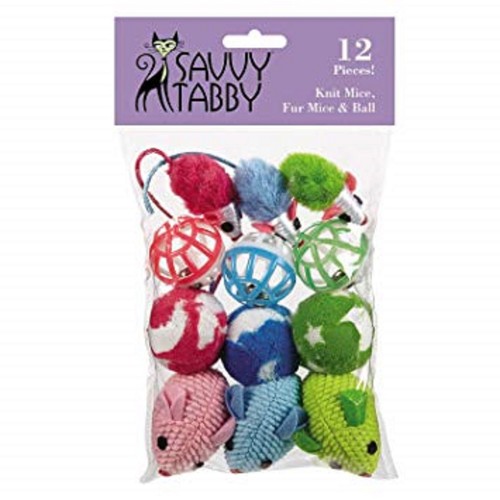 Savvy Tabby Fun Cat Toy 12 Piece Knit Mice, Fur Mice & Ball