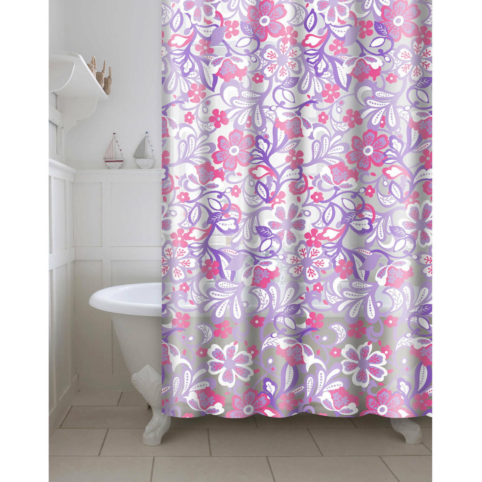 Eco-Friendly Printed Frotti PEVA/EVA Shower Curtain with Metal Roller Hooks